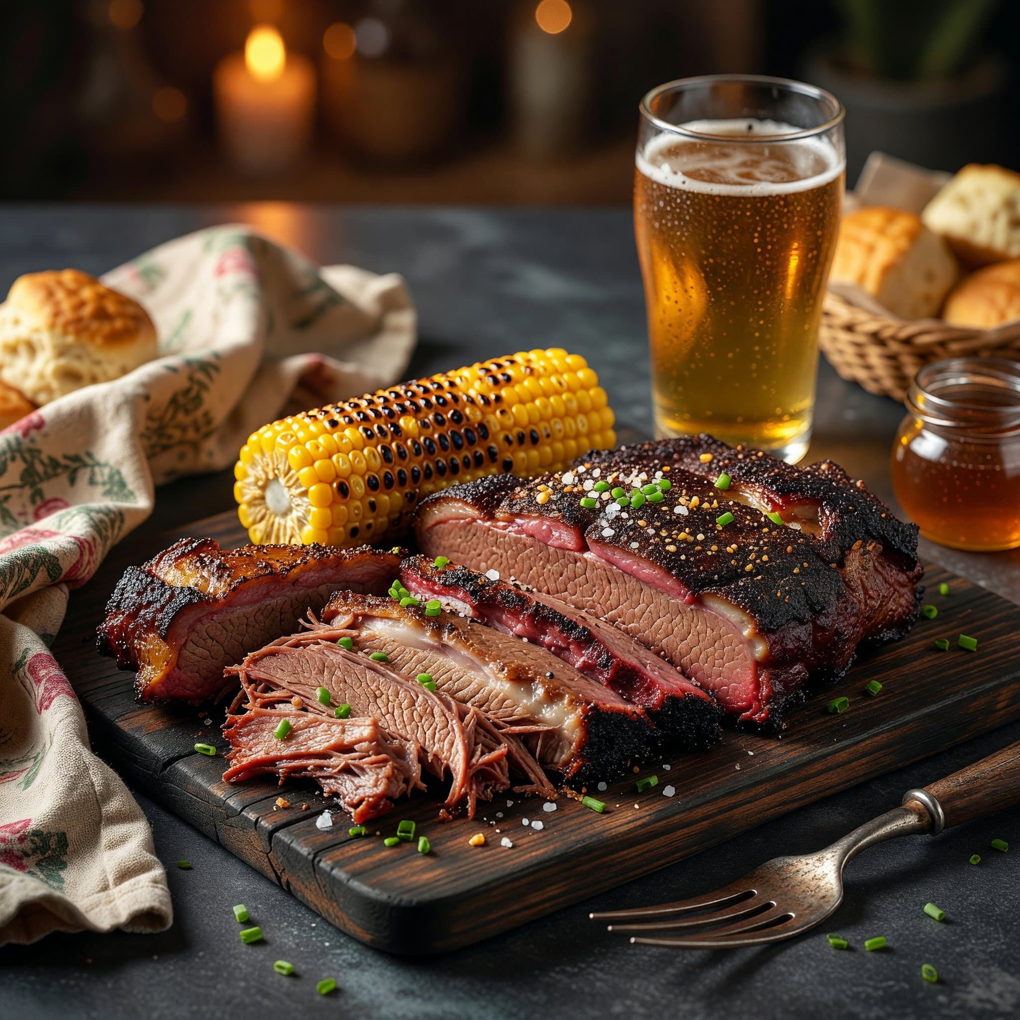 Texas Smoked Brisket with Pulled & Whole Cuts, Grilled Corn & Summer Beer