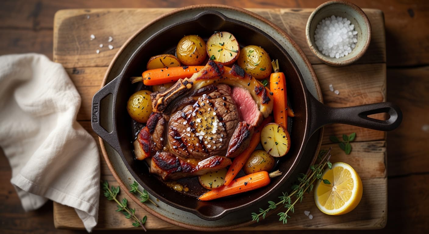 Pan-Seared Ribeye Steak with Roasted Carrots and Potatoes