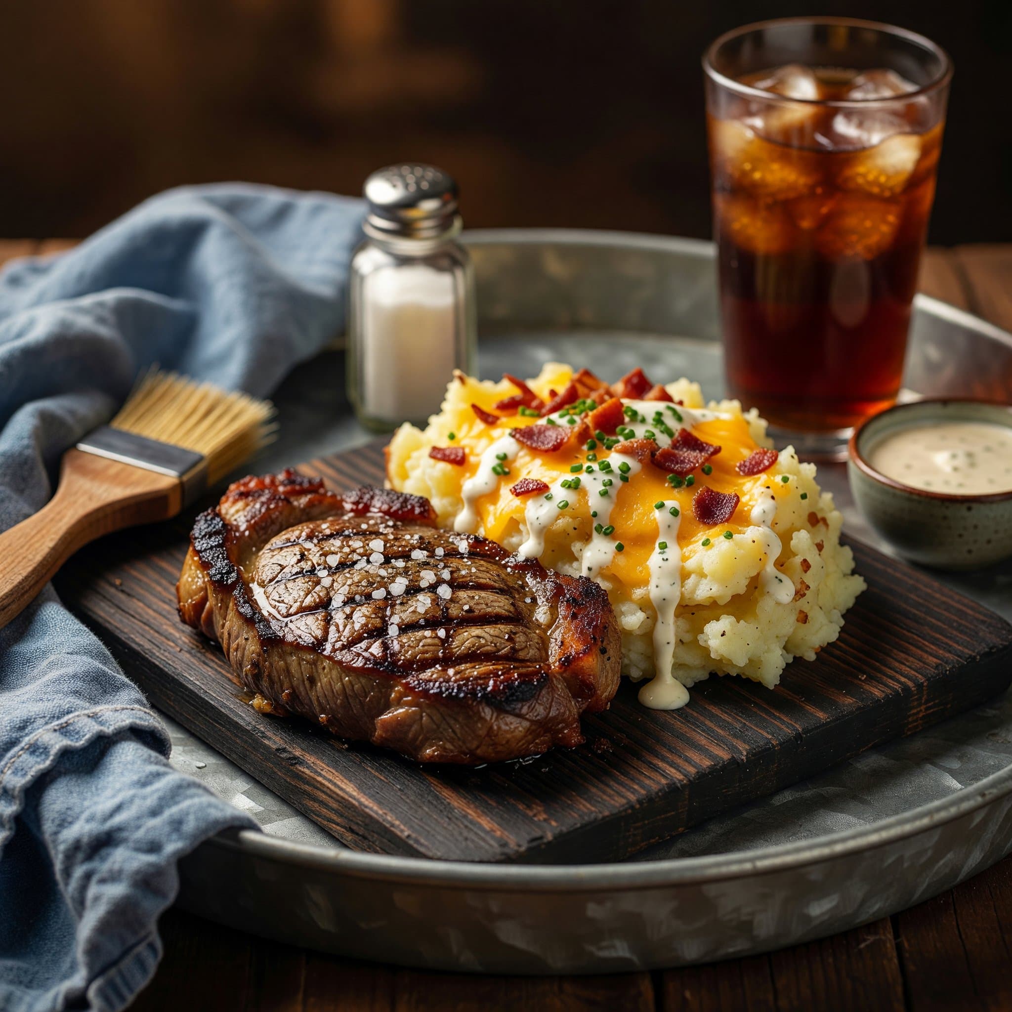 Summer BBQ: Grilled Steak with Loaded Mashed Potatoes & Unsweetened Tea