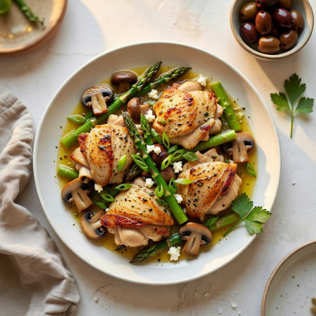 Greek-American Lemon-Herb Chicken with Mushrooms, Asparagus & Scallion Butter