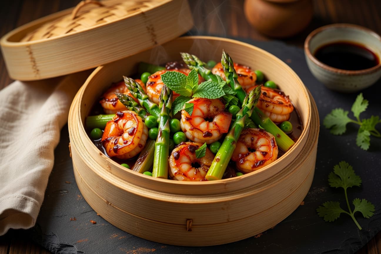 Sichuan-Style Wok-Seared Shrimp with Asparagus & Peas in Black Bean Sauce