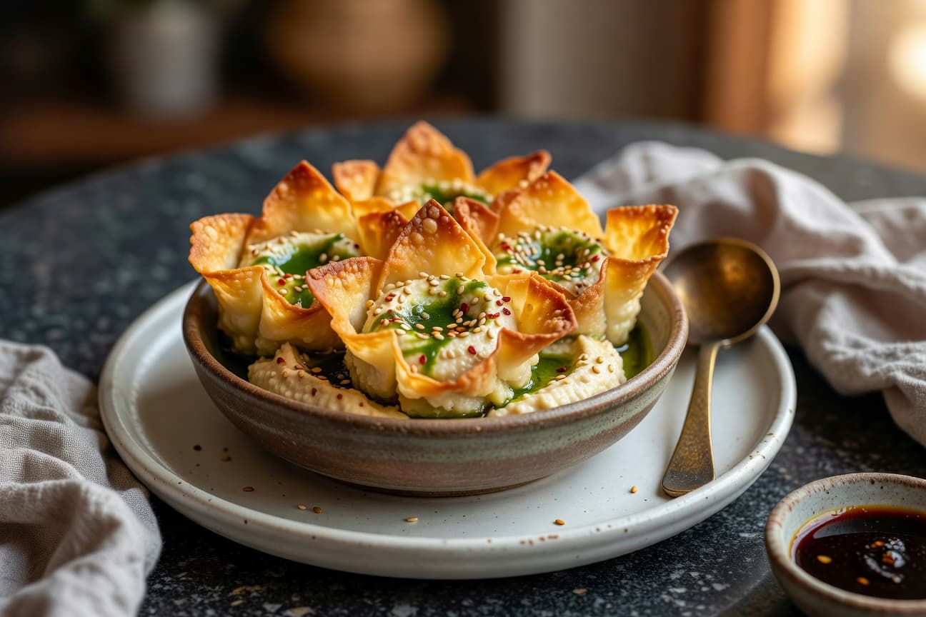 Crispy Garlic Hummus Wonton Cups with Scallion Oil & Sesame