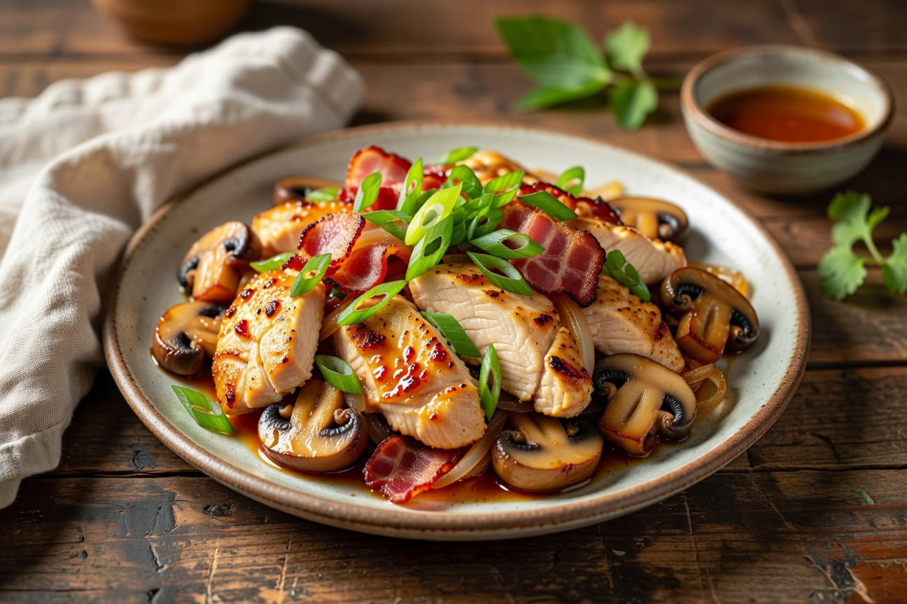 Vietnamese Chicken & Mushroom Stir-Fry with Crispy Bacon & Scallion