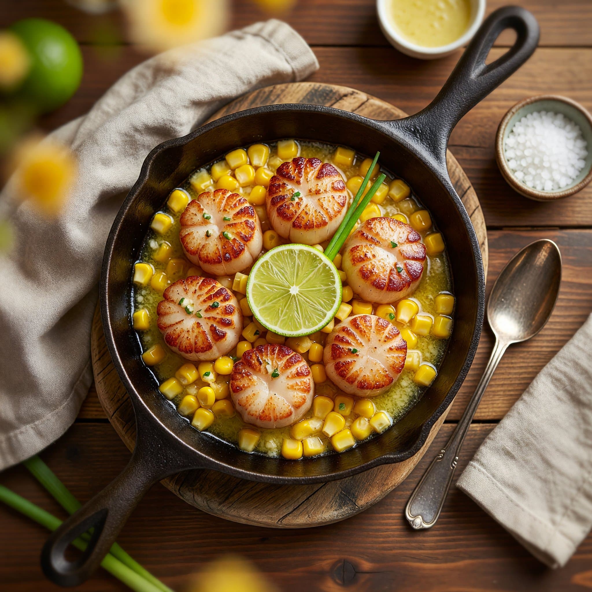 Pan-Seared Scallops with Corn, Lemongrass Butter & Lime