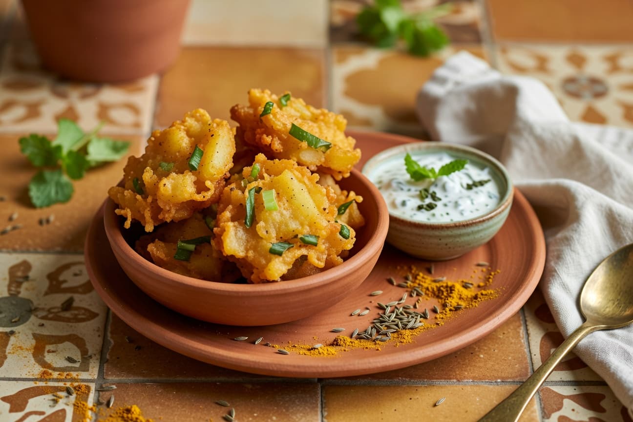 Crispy Potato & Scallion Pakora with Mint Yogurt Sauce