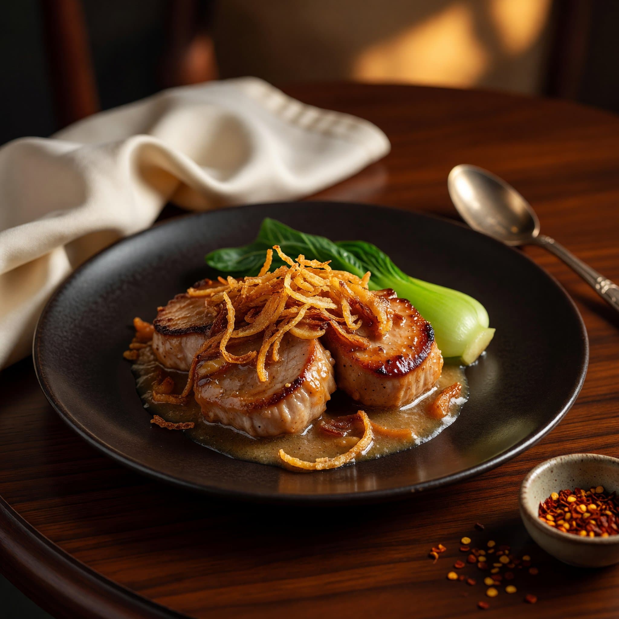 Glazed Pork with Apple-Coconut Sauce and Crispy Onions