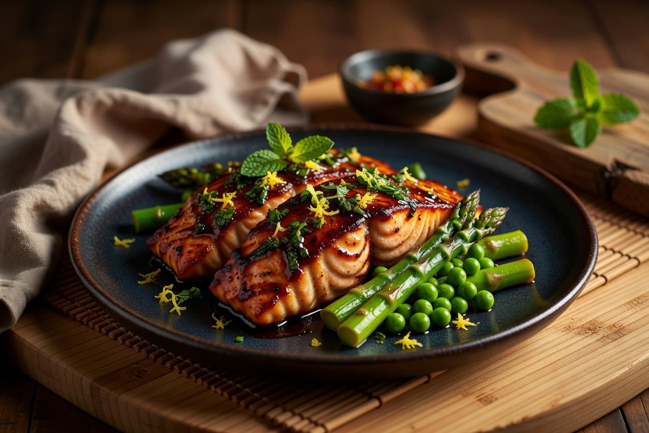 Japanese Miso-Glazed Salmon with Asparagus, Peas & Mint Gremolata