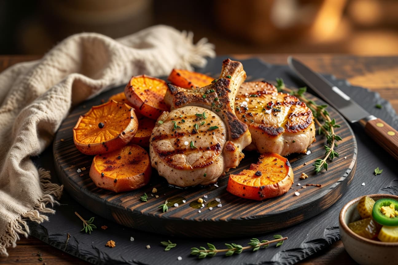 Grilled Pork Chops with Baked Seasoned Sweet Potatoes