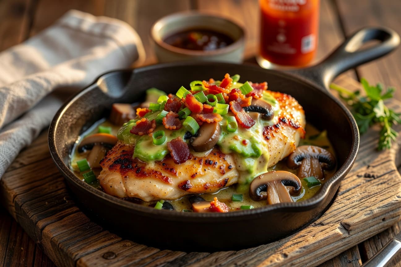 Pan-Seared Chicken with Mushroom-Avocado Butter & Crispy Bacon Crumble