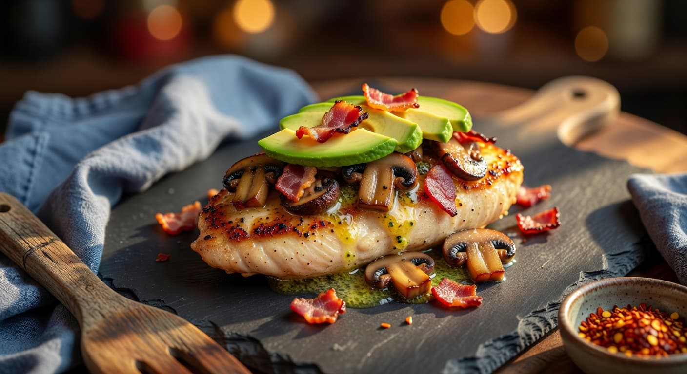 Garlic Butter Mushroom & Avocado Chicken with Crispy Bacon