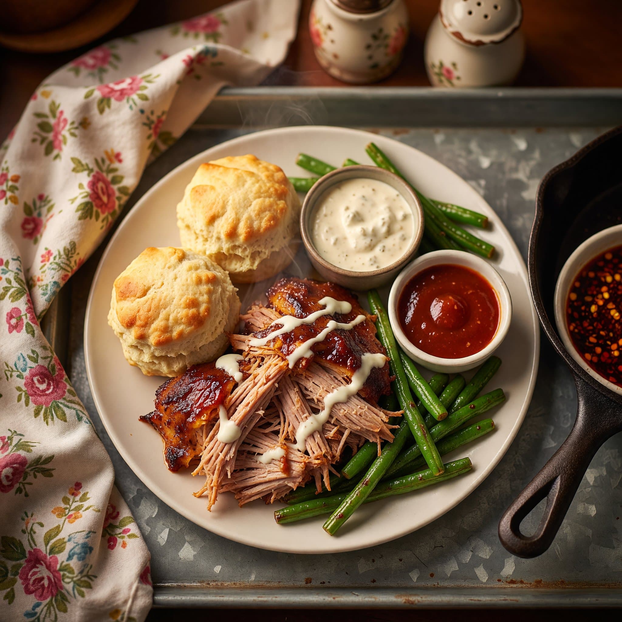 Slow Cooker Pulled Pork with Green Beans & Buttermilk Biscuits
