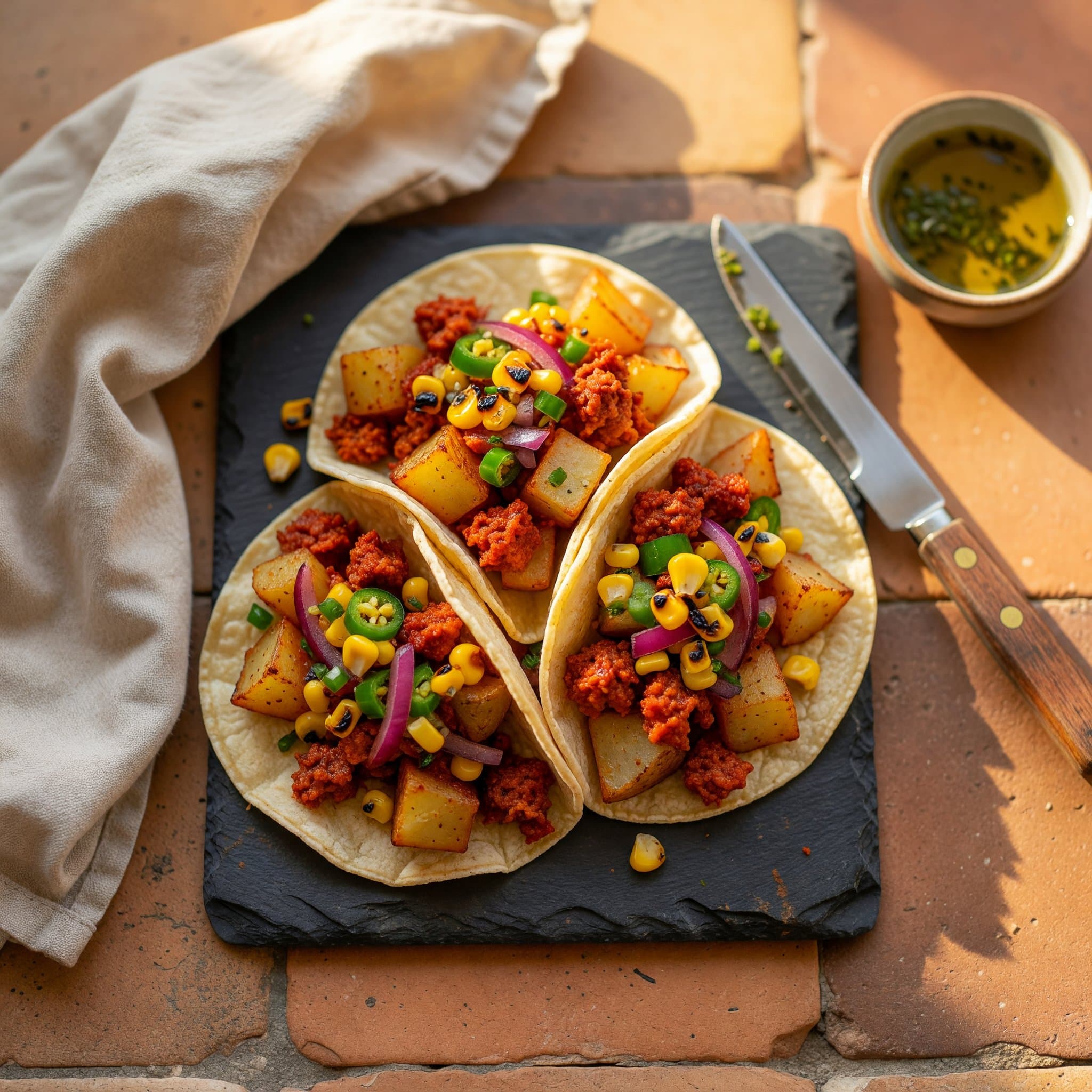 Chorizo & Potato Breakfast Tacos with Charred Corn Salsa